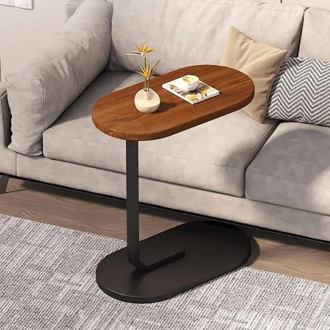 Table de Chevet et d’Appoint Moderne et Multifonctions en C avec Plateau en Bois et Structure en Acier