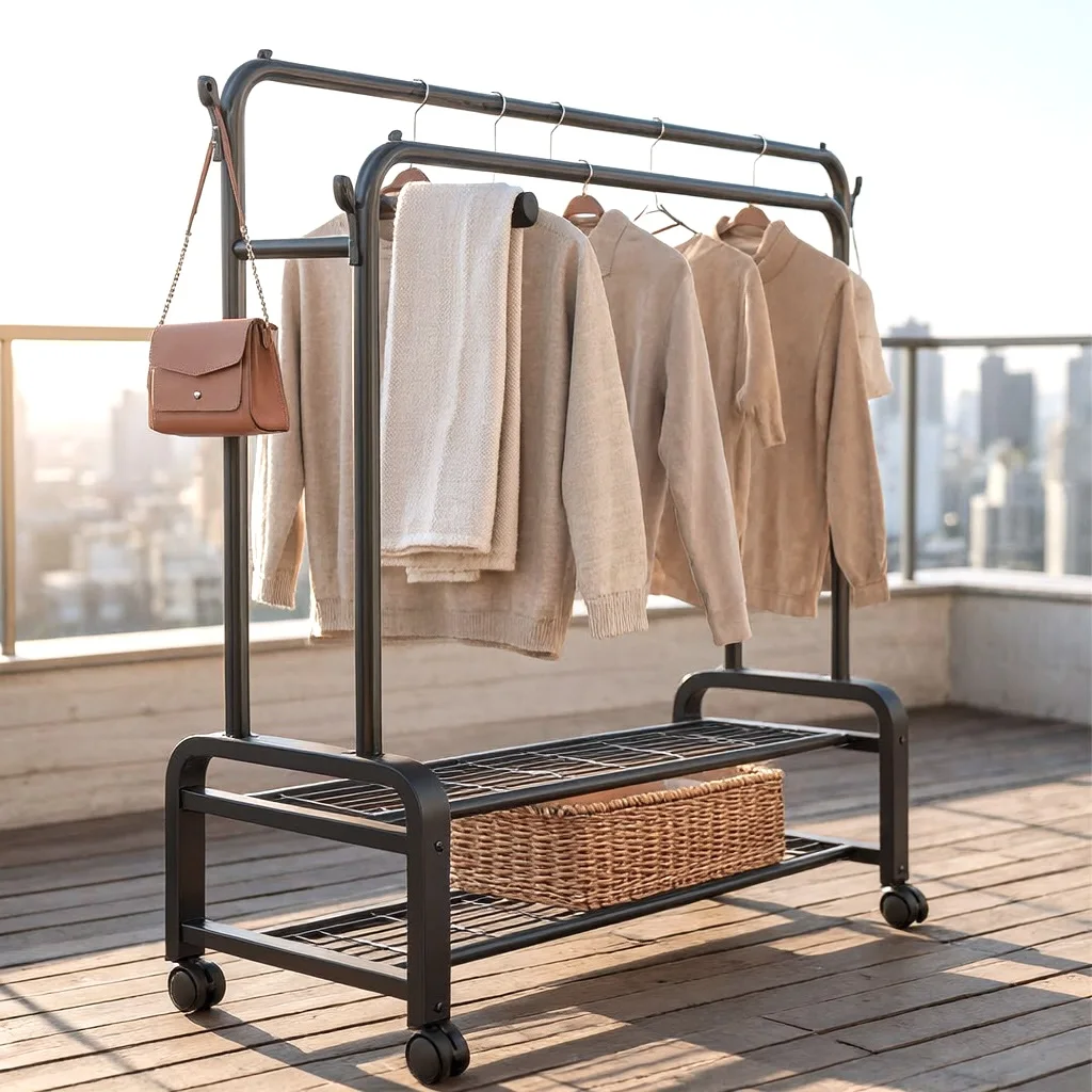 Penderie Mobile à Roulettes et Porte Vêtements à Double Barre et Supports de Rangement à Chaussures
