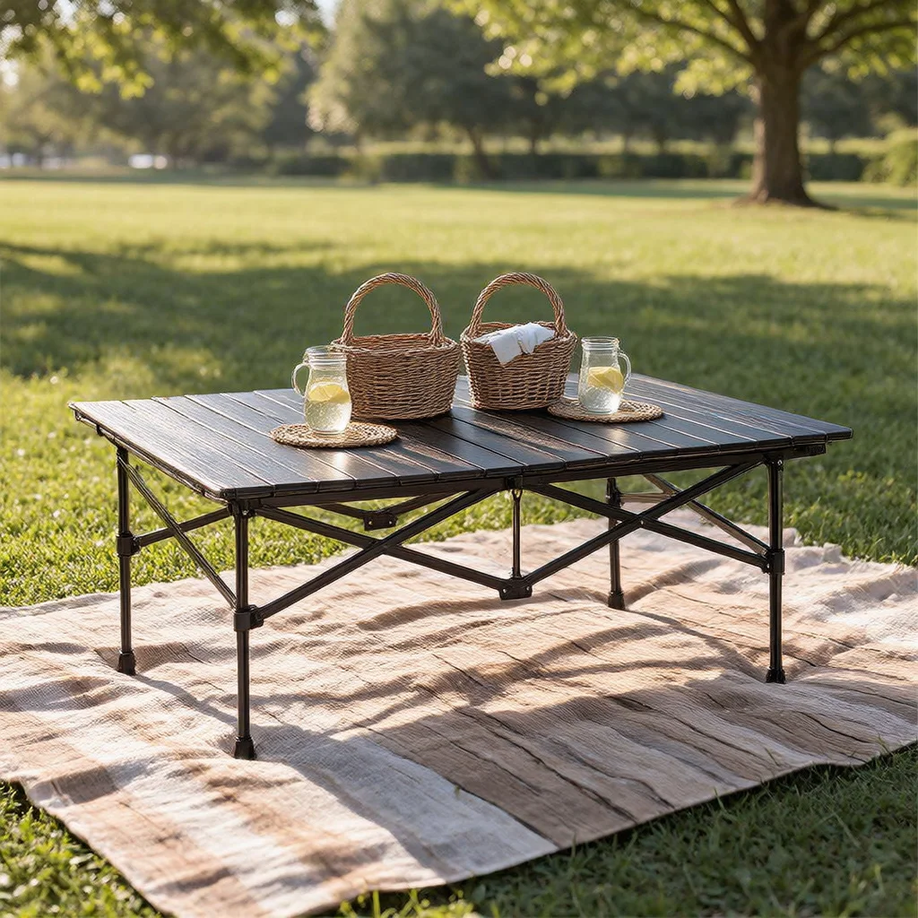 Table Pliante Grand Format à Plateau Enroulable et Sac de Transport pour Camping et Voyage