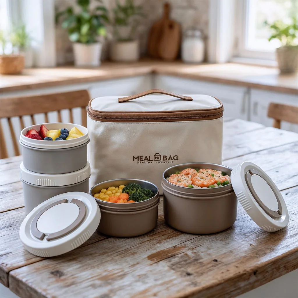 Kit Lunch Box de 4 Boîtes Alimentaires en Acier Inoxydable et Sac Isotherme de Transport