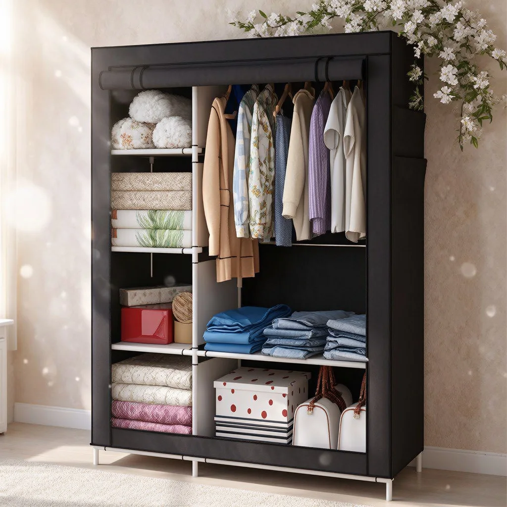Placard de Rangement Mobile pour Vêtements avec Housse de Protection Anti-Poussière