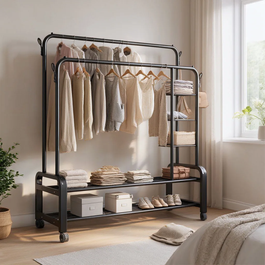 Dressing Ouvert à Roulettes et Porte Vêtements Mobile avec Double Tringle et Étagères Étagères