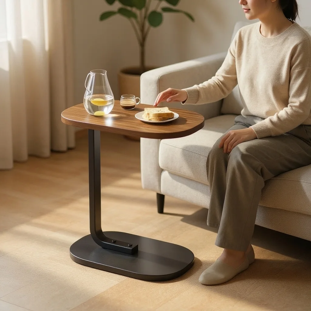 Table de Chevet et d’Appoint Moderne et Multifonctions en C avec Plateau en Bois et Structure en Acier