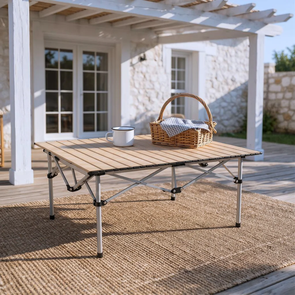 Table Pliante Grand Format à Plateau Enroulable et Sac de Transport pour Camping et Voyage