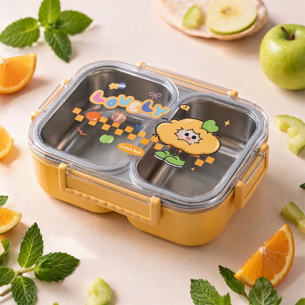 Lunch Box Enfants et Adultes 3 Compartiments en Inox avec Cuillère et Fourchette, Boîte à Déjeuner à Couvercle Transparent JFG_23Y