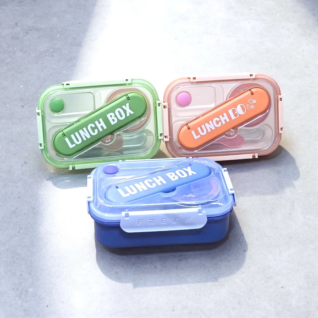 Lunch Box 3 Compartiments en Inox avec Boîte à Sauce et Cuillère, Boîte à Déjeuner à Couvercle Transparent JFG_4Y