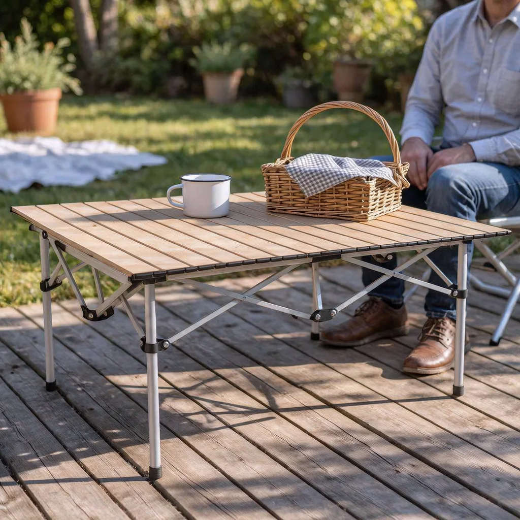 Table Pliante Grand Format à Plateau Enroulable et Sac de Transport pour Camping et Voyage