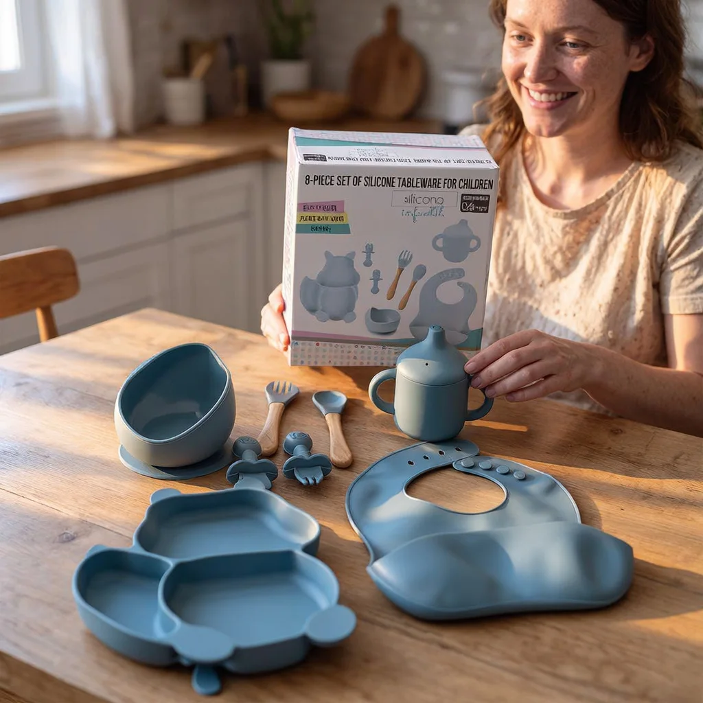 Kit Repas Bébé de 8 Pièces en Silicone avec Bavoir, Assiette Compartimentée, Bol à Ventouse, Tasse à Poignées, Cuillères et Fourchettes