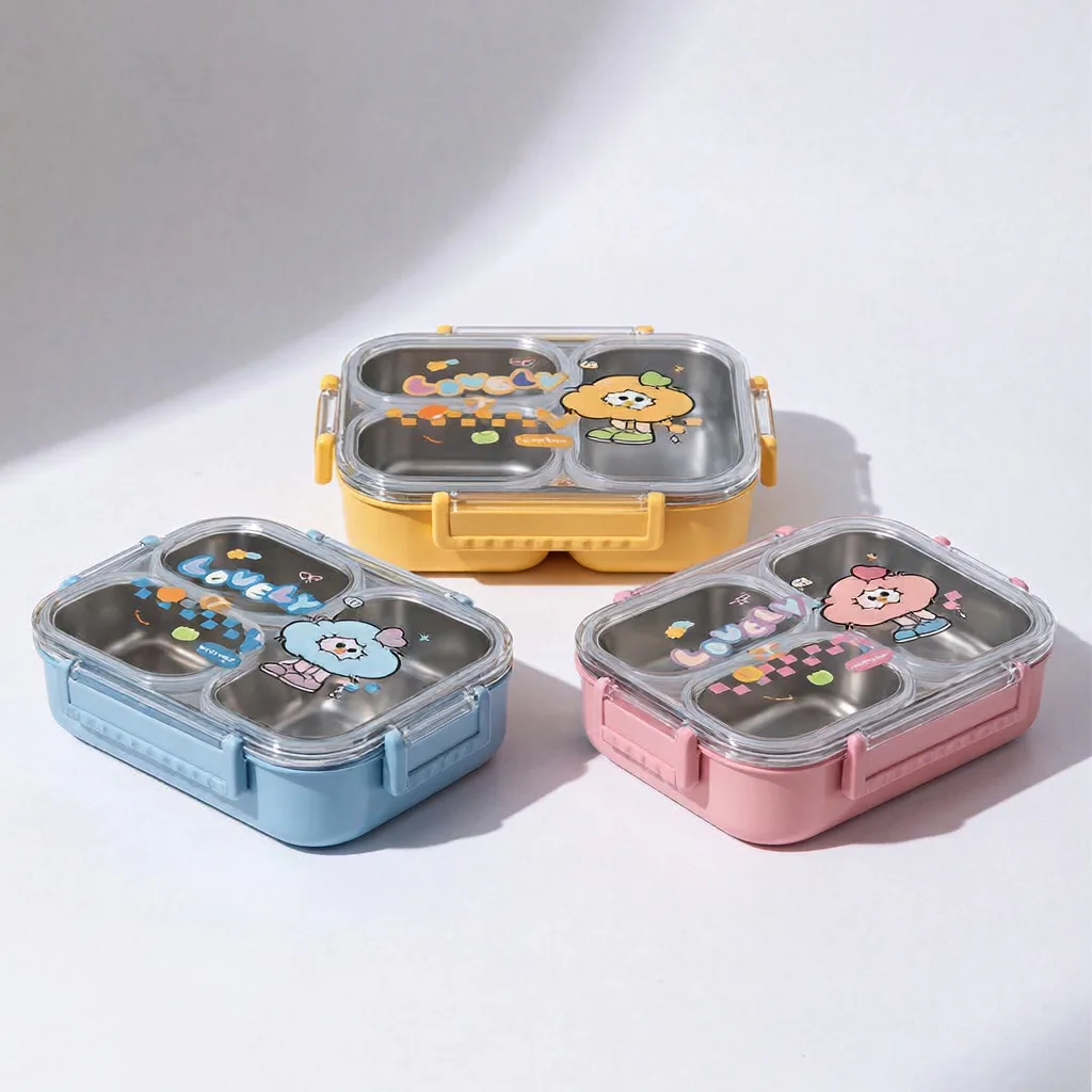 Lunch Box Enfants et Adultes 3 Compartiments en Inox avec Cuillère et Fourchette, Boîte à Déjeuner à Couvercle Transparent JFG_23Y