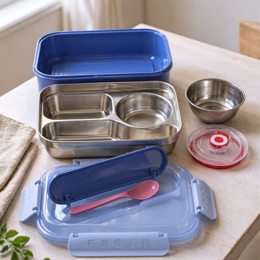 Lunch Box 3 Compartiments en Inox avec Boîte à Sauce et Cuillère, Boîte à Déjeuner à Couvercle Transparent JFG_4Y