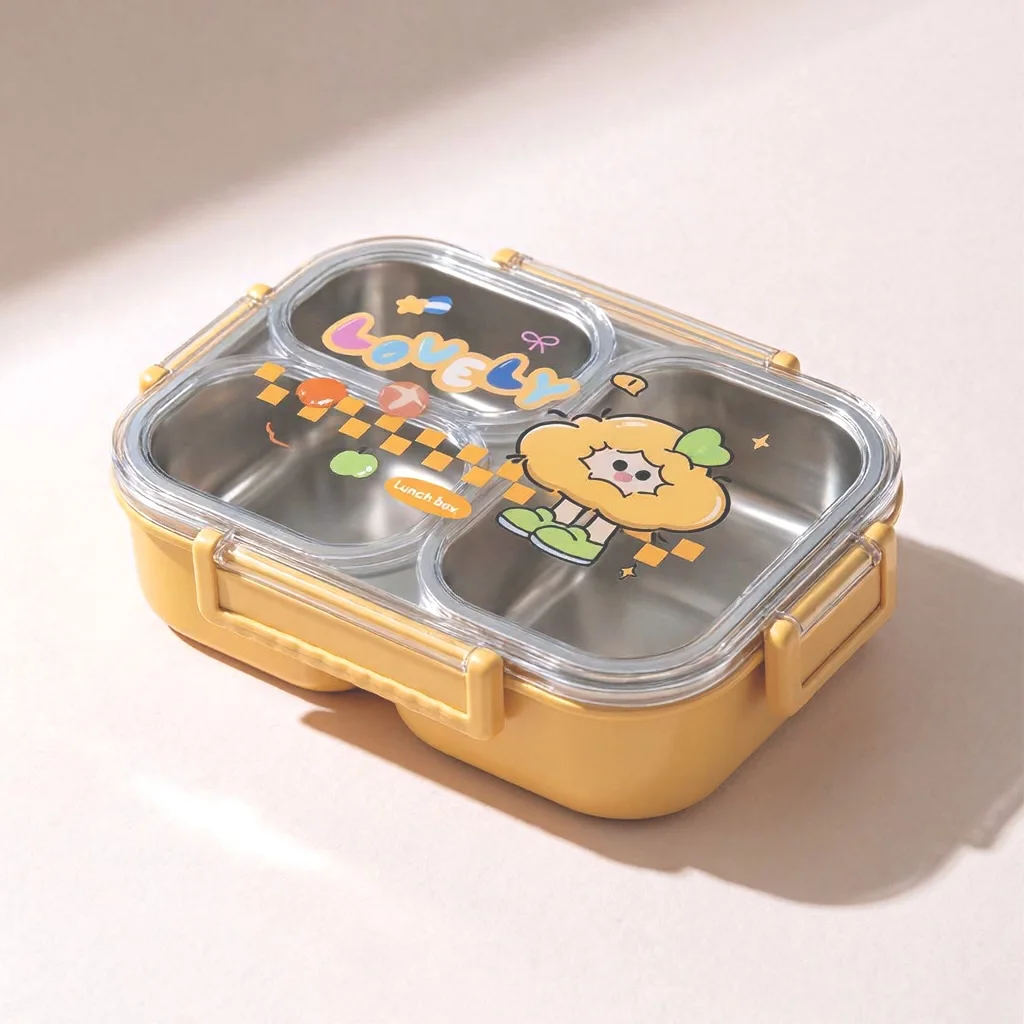 Lunch Box Enfants et Adultes 3 Compartiments en Inox avec Cuillère et Fourchette, Boîte à Déjeuner à Couvercle Transparent JFG_23Y
