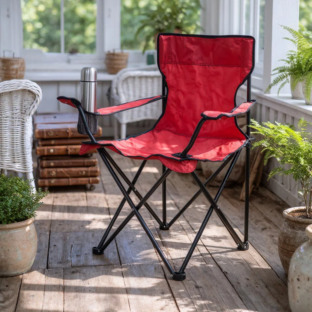 Chaise de Camping Pliante et Légère à Accoudoirs et Porte-Gobelet pour Extérieur au design Simple