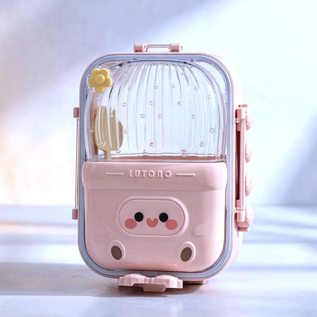 Lunch Box Enfant à 3 Compartiments en Inox avec Cuillère et Fourchette, Boîte à Déjeuner Cute Cactus JFG_22Y