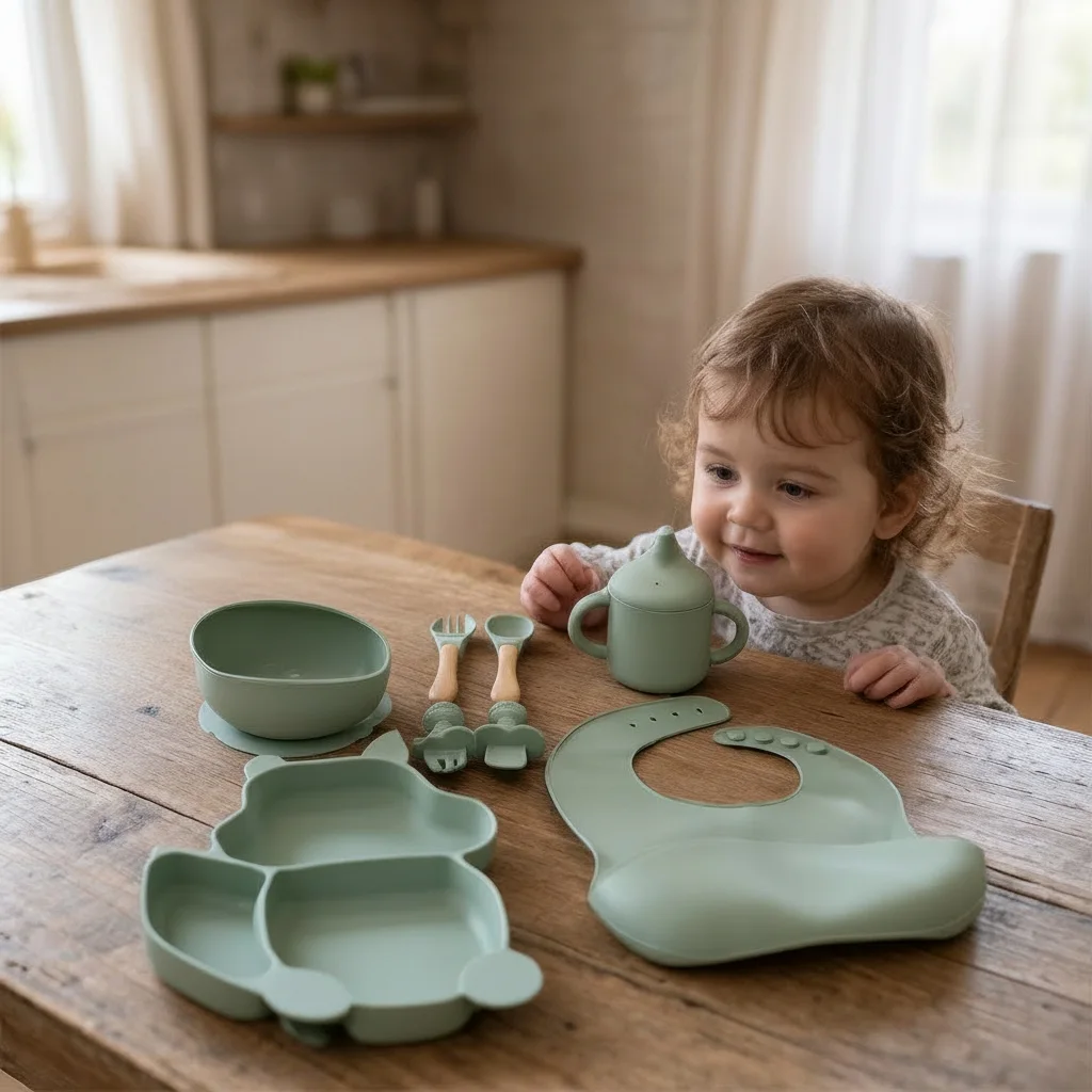 Kit Repas Bébé de 8 Pièces en Silicone avec Bavoir, Assiette Compartimentée, Bol à Ventouse, Tasse à Poignées, Cuillères et Fourchettes