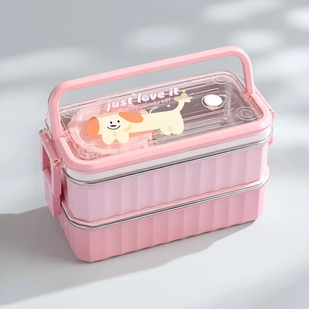 Lunch Box 2 Étages en Inox à Couvercle Transparent, Boîte Repas Isotherme avec Cuillère et Pot à Sauce JFG-30Y