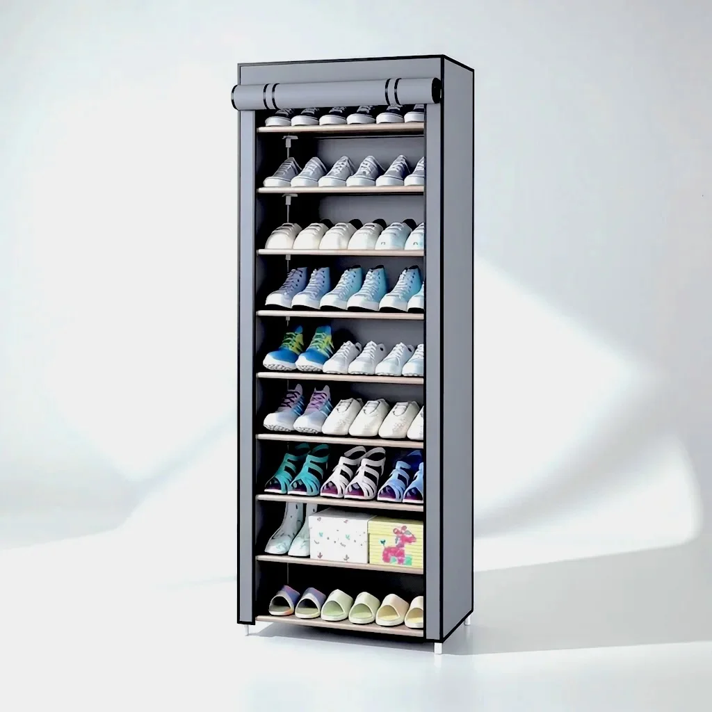 Armoire à Chaussures et Meuble de Rangement 9 Niveaux avec Housse de Protection Anti-Poussière