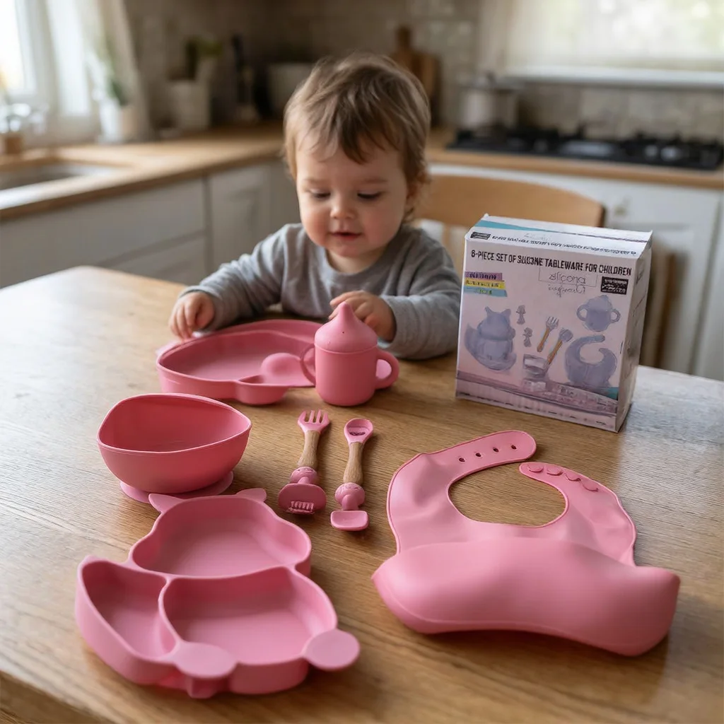 Kit Repas Bébé de 8 Pièces en Silicone avec Bavoir, Assiette Compartimentée, Bol à Ventouse, Tasse à Poignées, Cuillères et Fourchettes