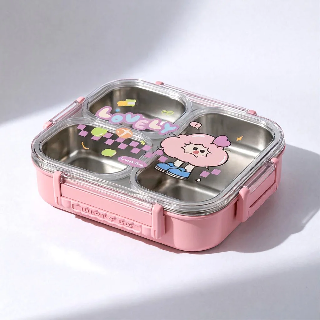 Lunch Box Enfants et Adultes 3 Compartiments en Inox avec Cuillère et Fourchette, Boîte à Déjeuner à Couvercle Transparent JFG_23Y