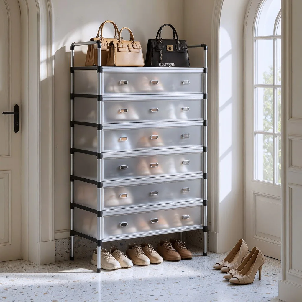 Placard à Chaussures et Meuble de Rangement à 7 Étagères avec Portes de Protection en Plastique