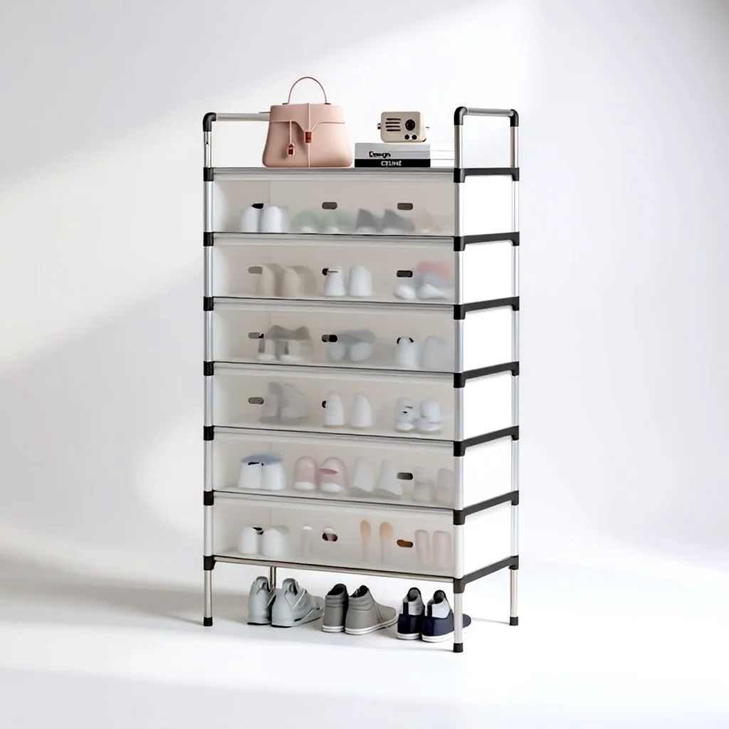 Placard à Chaussures et Meuble de Rangement à 7 Étagères avec Portes de Protection en Plastique