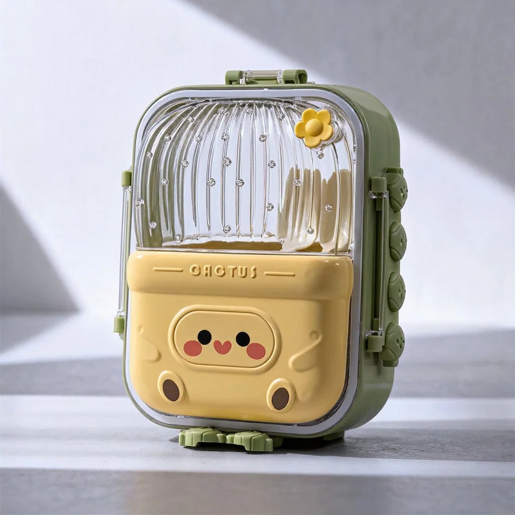 Lunch Box Enfant à 3 Compartiments en Inox avec Cuillère et Fourchette, Boîte à Déjeuner Cute Cactus JFG_22Y