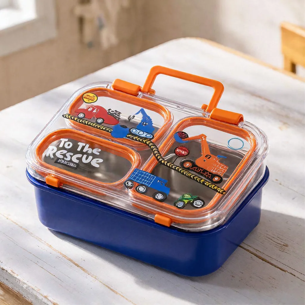 Lunch Box Enfant à 3 Compartiments en Inox avec Cuillère et Baguettes, Boîte à Déjeuner Scolaire JFG_31Y