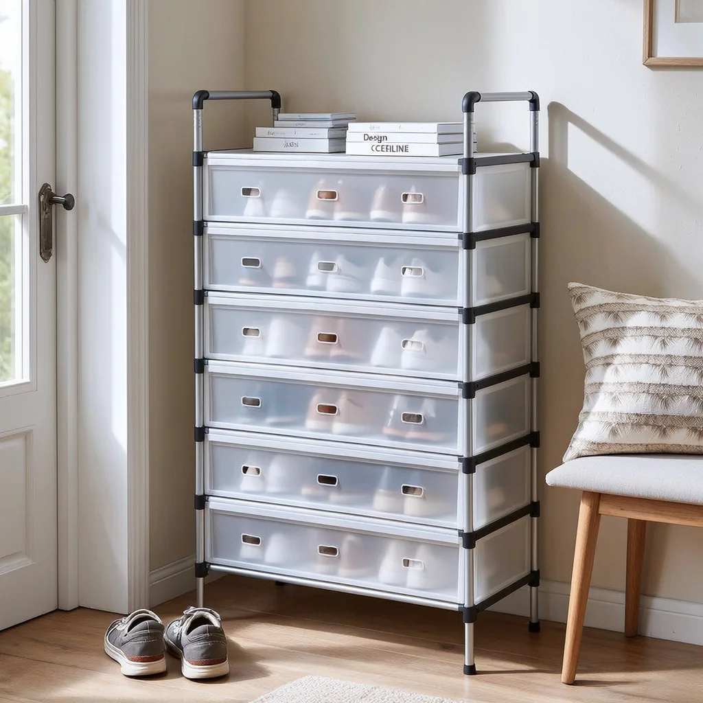 Placard à Chaussures et Meuble de Rangement à 7 Étagères avec Portes de Protection en Plastique