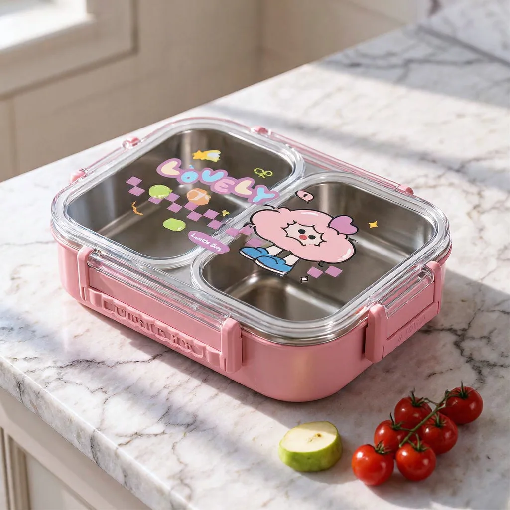 Lunch Box Enfants et Adultes 3 Compartiments en Inox avec Cuillère et Fourchette, Boîte à Déjeuner à Couvercle Transparent JFG_23Y