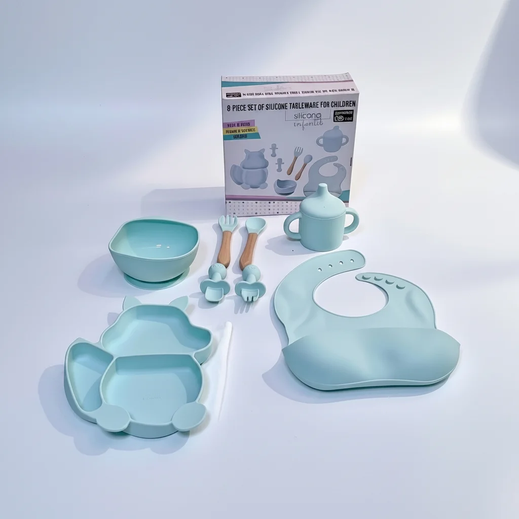 Kit Repas Bébé de 8 Pièces en Silicone avec Bavoir, Assiette Compartimentée, Bol à Ventouse, Tasse à Poignées, Cuillères et Fourchettes