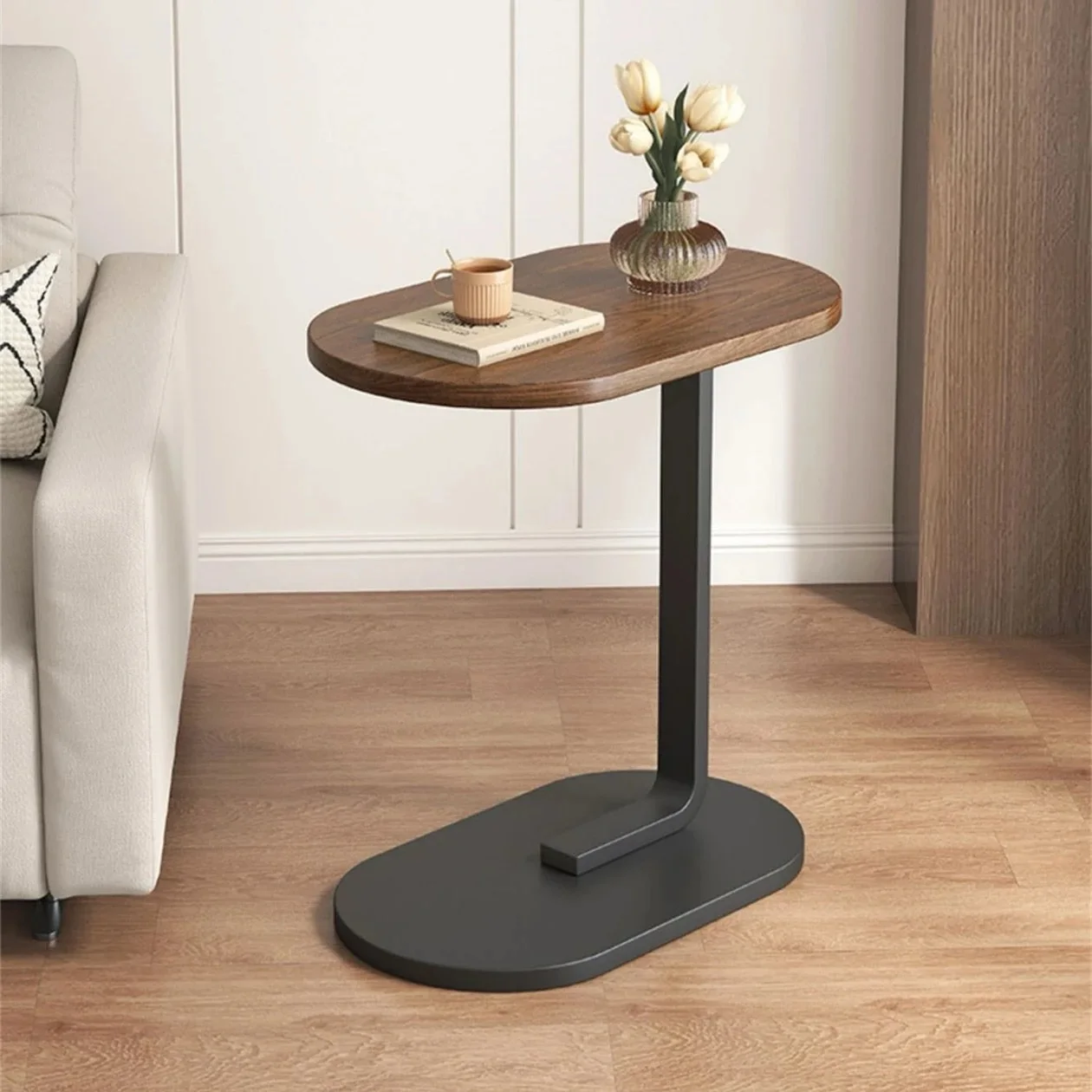 Table de Chevet et d’Appoint Moderne et Multifonctions en C avec Plateau en Bois et Structure en Acier