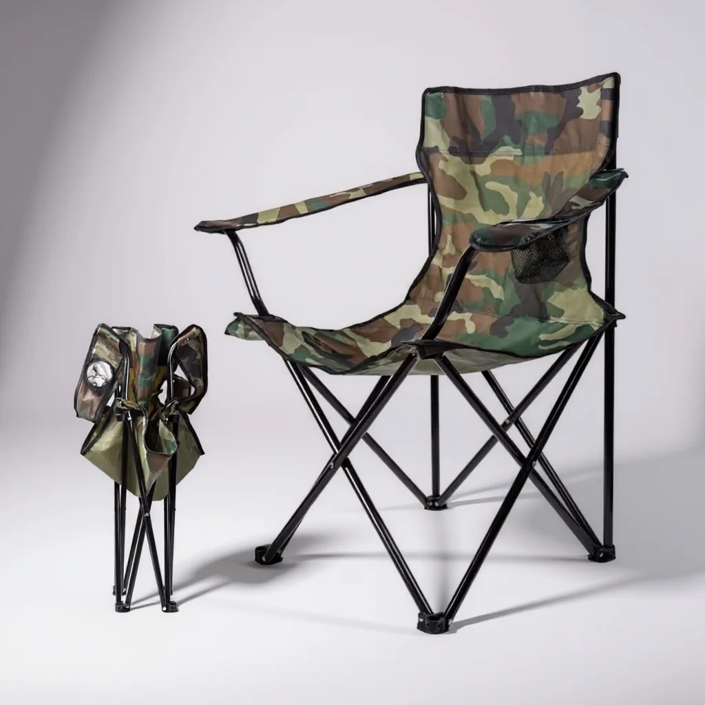 Chaise de Camping Pliante à Accoudoirs Porte-Gobelet Légère au Design Militaire