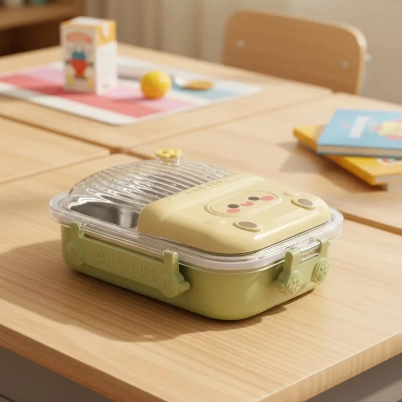 Lunch Box Enfant à 3 Compartiments en Inox avec Cuillère et Fourchette, Boîte à Déjeuner Cute Cactus JFG_22Y
