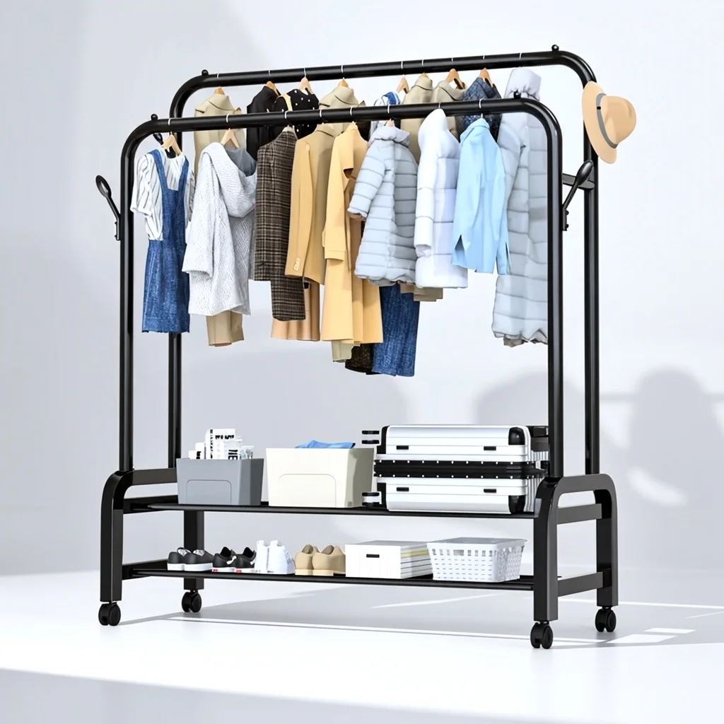 Penderie Mobile à Roulettes et Porte Vêtements à Double Barre et Supports de Rangement à Chaussures