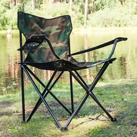 Chaise de Camping Pliante à Accoudoirs Porte-Gobelet Légère au Design Militaire
