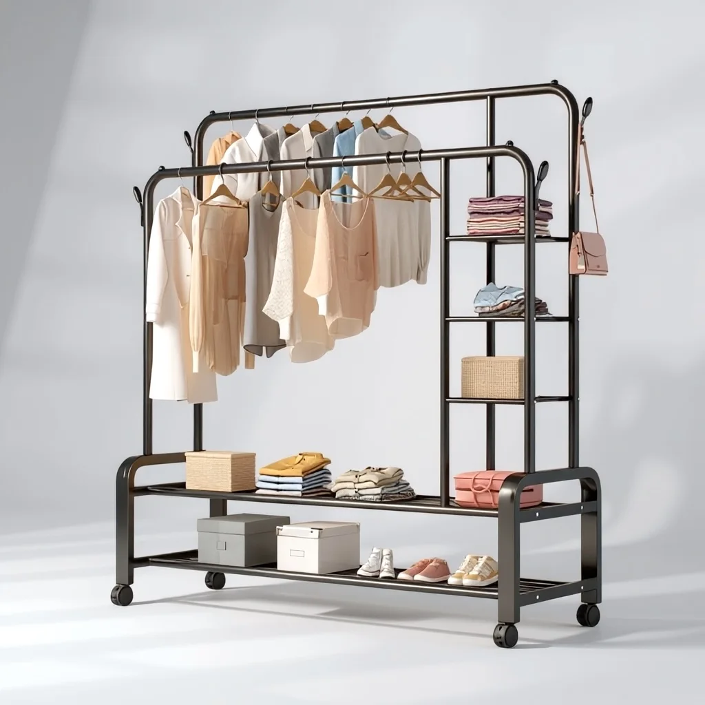 Dressing Ouvert à Roulettes et Porte Vêtements Mobile avec Double Tringle et Étagères Étagères