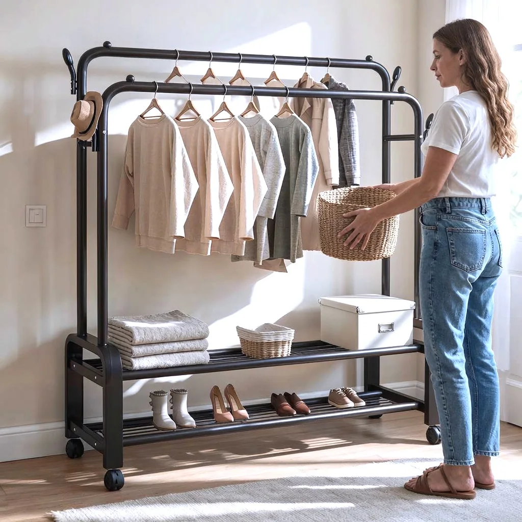 Penderie Mobile à Roulettes et Porte Vêtements à Double Barre et Supports de Rangement à Chaussures