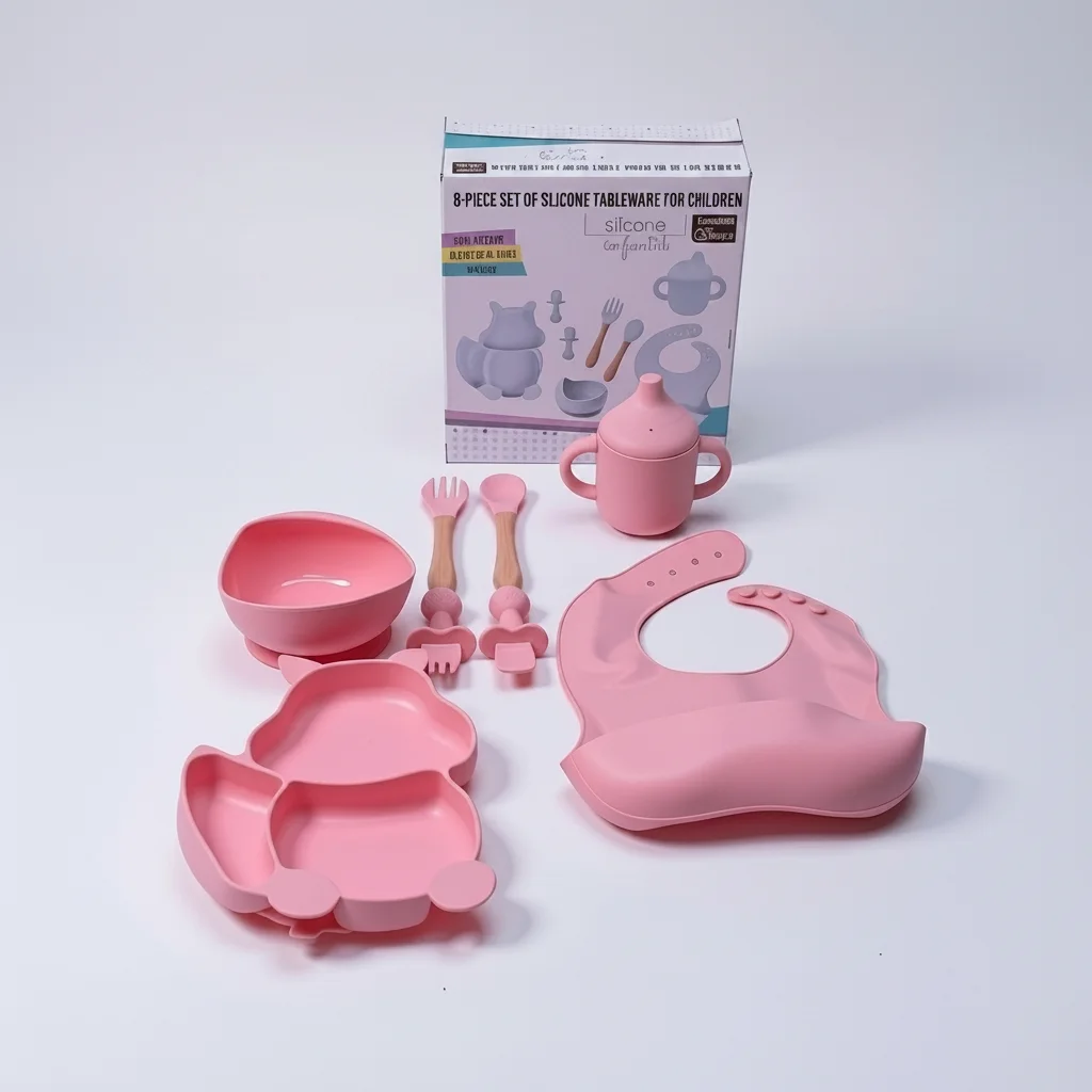 Kit Repas Bébé de 8 Pièces en Silicone avec Bavoir, Assiette Compartimentée, Bol à Ventouse, Tasse à Poignées, Cuillères et Fourchettes