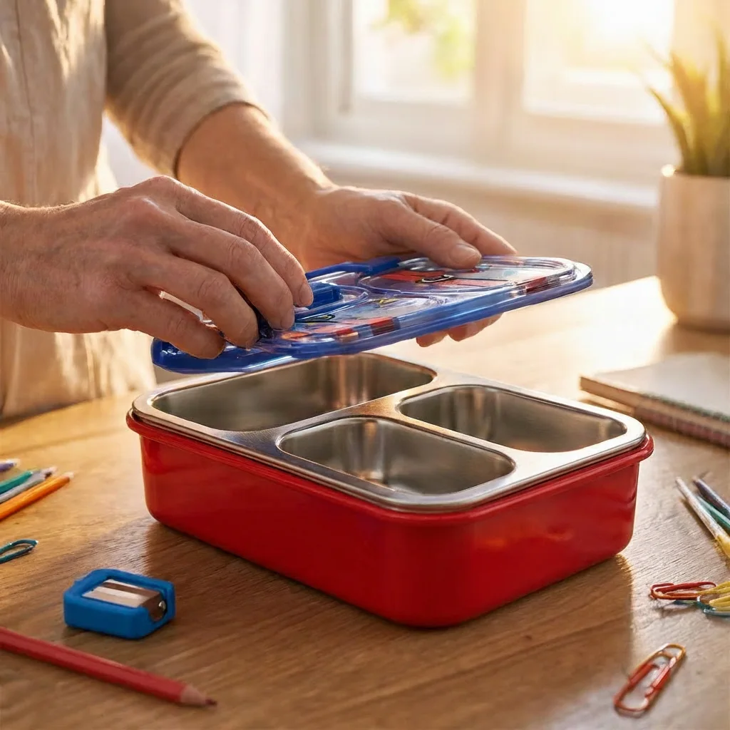 Lunch Box Enfant à 3 Compartiments en Inox avec Cuillère et Baguettes, Boîte à Déjeuner Scolaire JFG_31Y