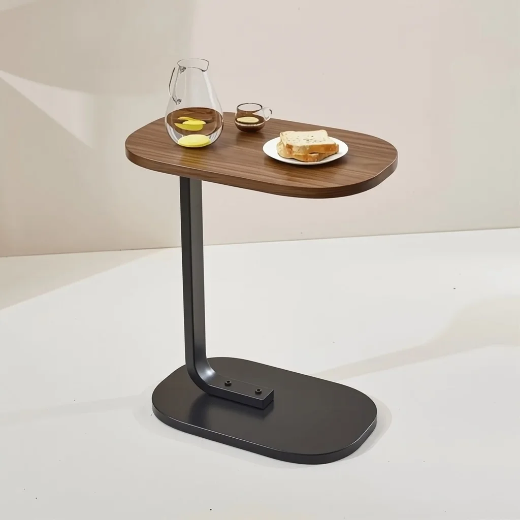 Table de Chevet et d’Appoint Moderne et Multifonctions en C avec Plateau en Bois et Structure en Acier