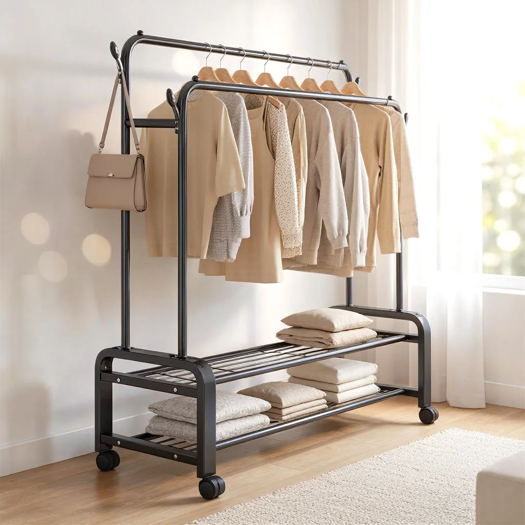 Penderie Mobile à Roulettes et Porte Vêtements à Double Barre et Supports de Rangement à Chaussures