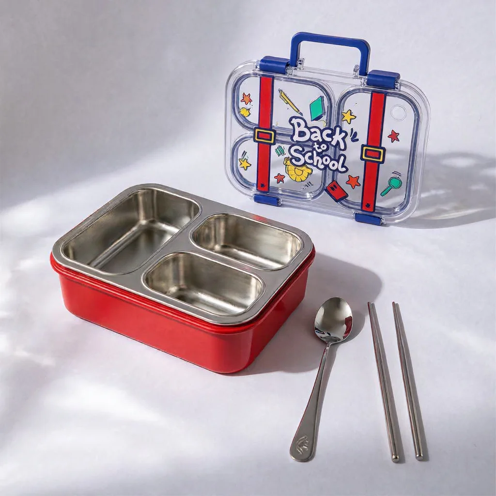 Lunch Box Enfant à 3 Compartiments en Inox avec Cuillère et Baguettes, Boîte à Déjeuner Scolaire JFG_31Y