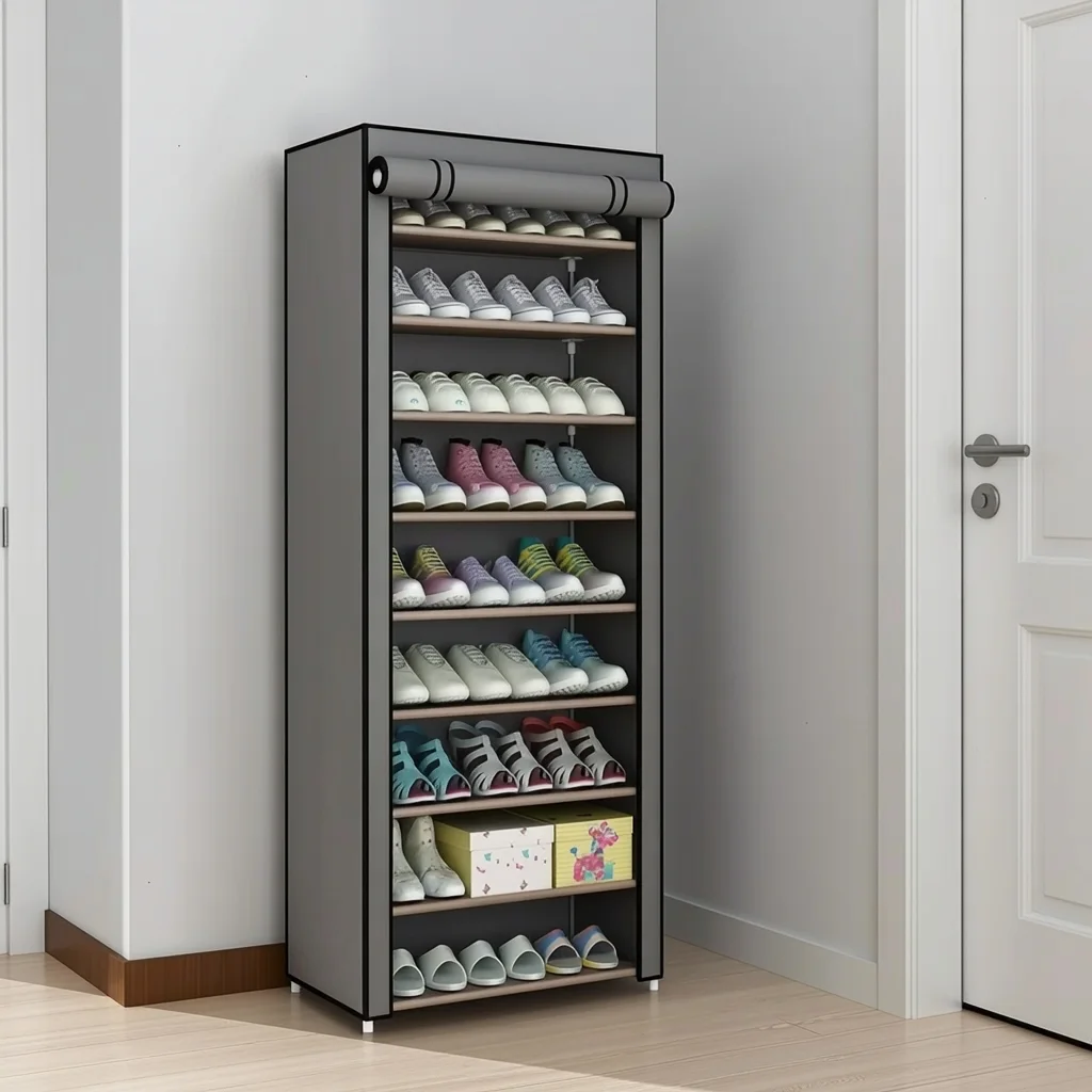 Armoire à Chaussures et Meuble de Rangement 9 Niveaux avec Housse de Protection Anti-Poussière