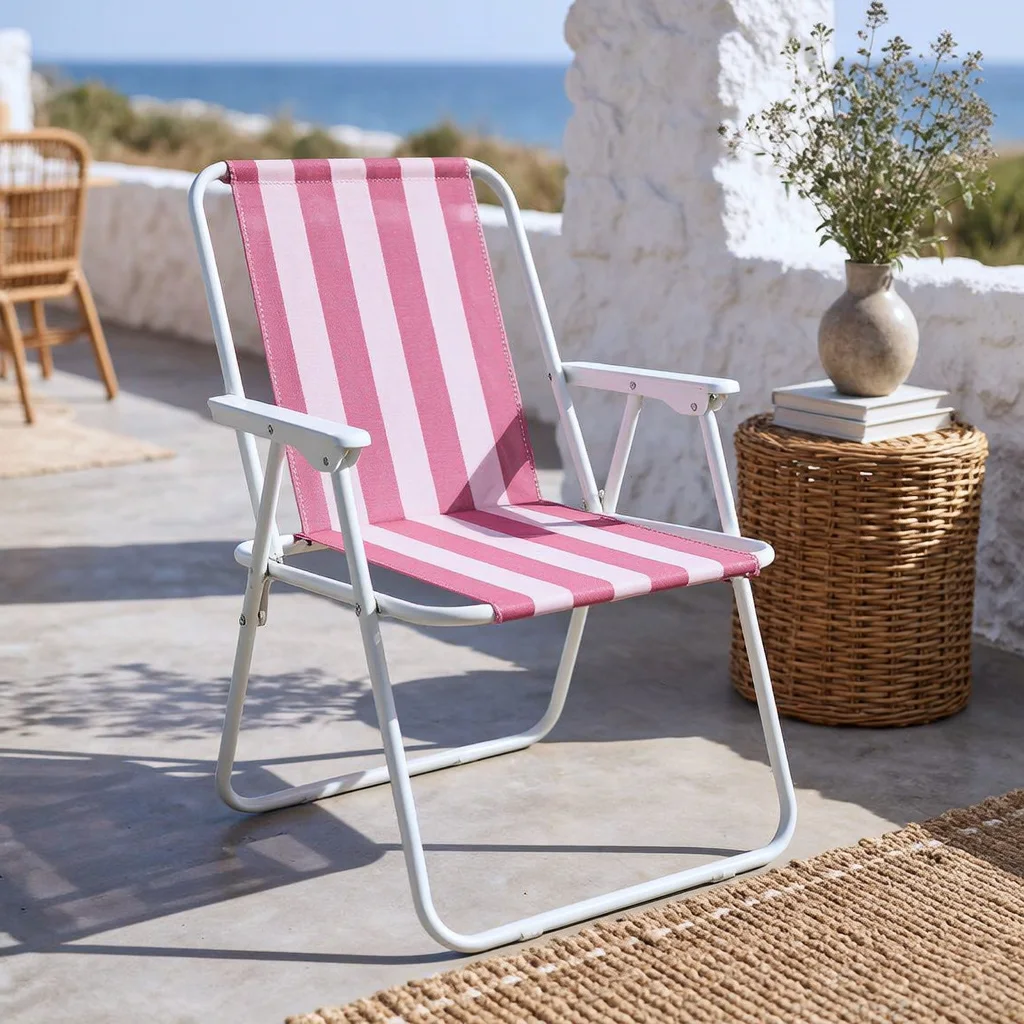 Chaise de Plein Air Pliante et Portable en Maille de Nylon pour Extérieur au Design Rayé