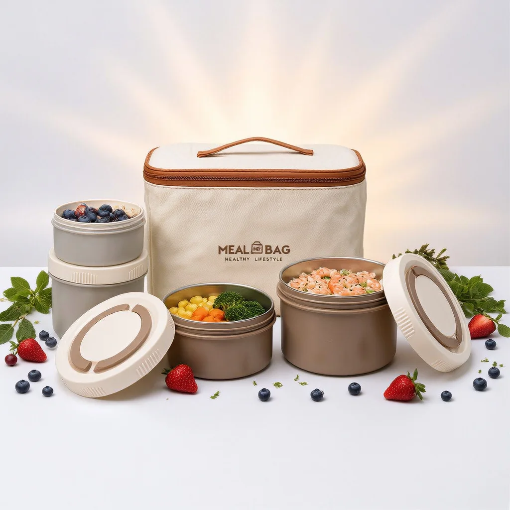 Kit Lunch Box de 4 Boîtes Alimentaires en Acier Inoxydable et Sac Isotherme de Transport