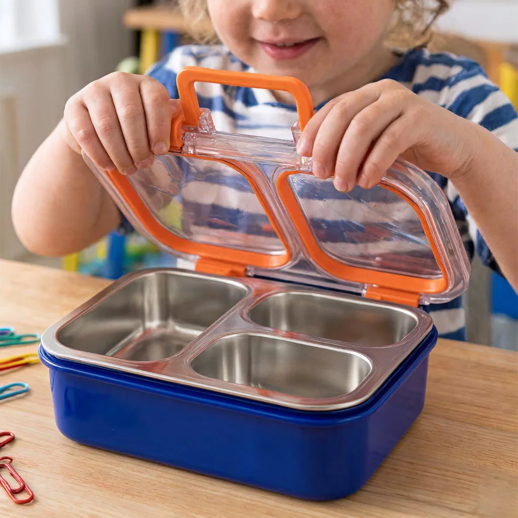 Lunch Box Enfant à 3 Compartiments en Inox avec Cuillère et Baguettes, Boîte à Déjeuner Scolaire JFG_31Y