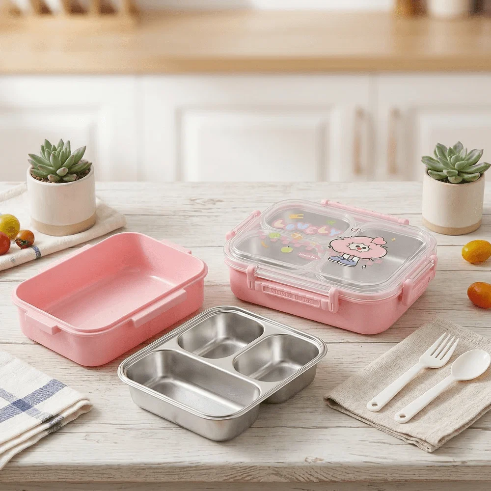 Lunch Box Enfants et Adultes 3 Compartiments en Inox avec Cuillère et Fourchette, Boîte à Déjeuner à Couvercle Transparent JFG_23Y