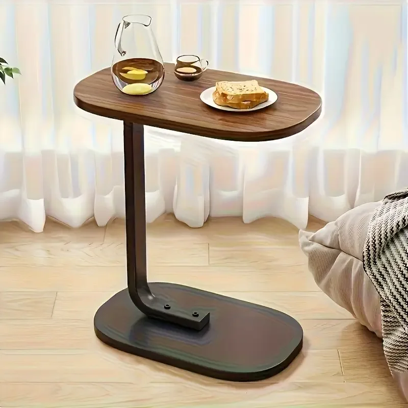Table de Chevet et d’Appoint Moderne et Multifonctions en C avec Plateau en Bois et Structure en Acier