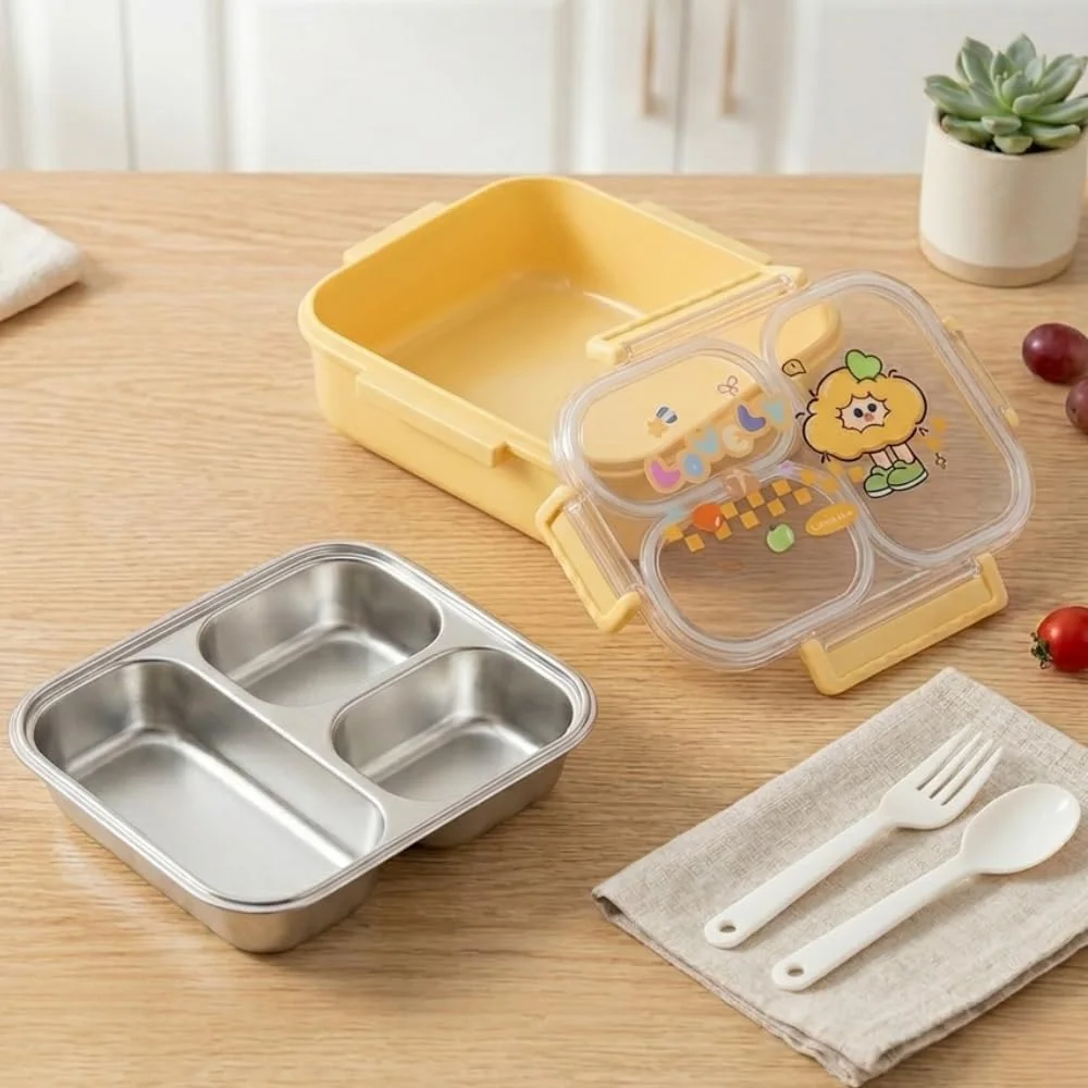 Lunch Box Enfants et Adultes 3 Compartiments en Inox avec Cuillère et Fourchette, Boîte à Déjeuner à Couvercle Transparent JFG_23Y
