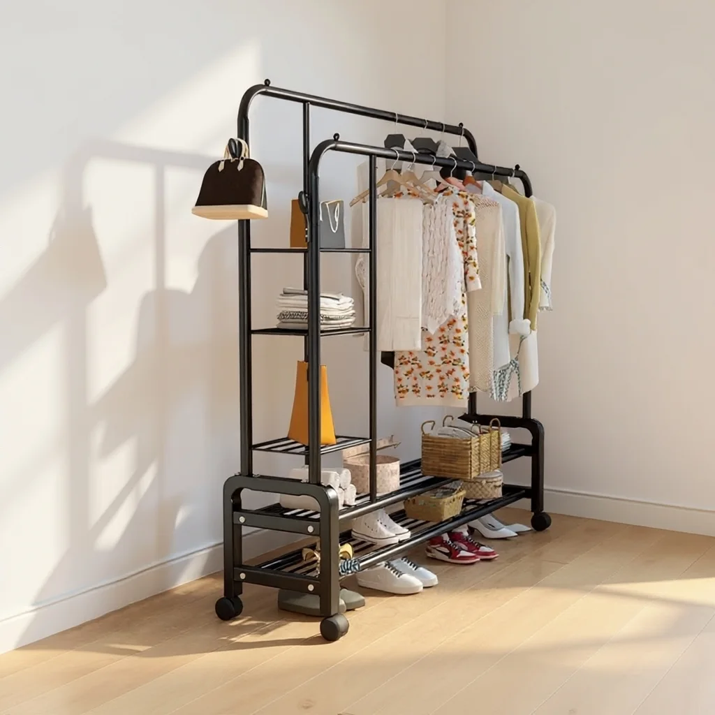 Dressing Ouvert à Roulettes et Porte Vêtements Mobile avec Double Tringle et Étagères Étagères
