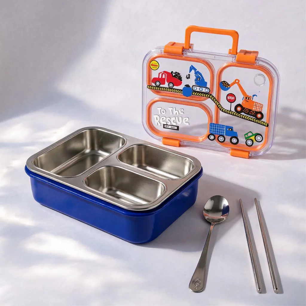 Lunch Box Enfant à 3 Compartiments en Inox avec Cuillère et Baguettes, Boîte à Déjeuner Scolaire JFG_31Y